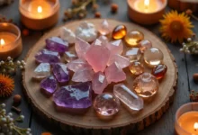 Beautiful overhead view of crystal grid arrangement with amethyst, rose quartz, and clear quartz on wooden surface for manifestation