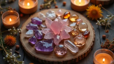 Beautiful overhead view of crystal grid arrangement with amethyst, rose quartz, and clear quartz on wooden surface for manifestation