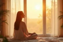 A calm sensitive person surrounded by soft golden light, symbolizing energetic boundaries and inner peace