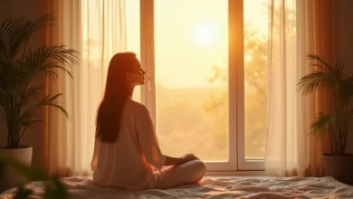 A calm sensitive person surrounded by soft golden light, symbolizing energetic boundaries and inner peace