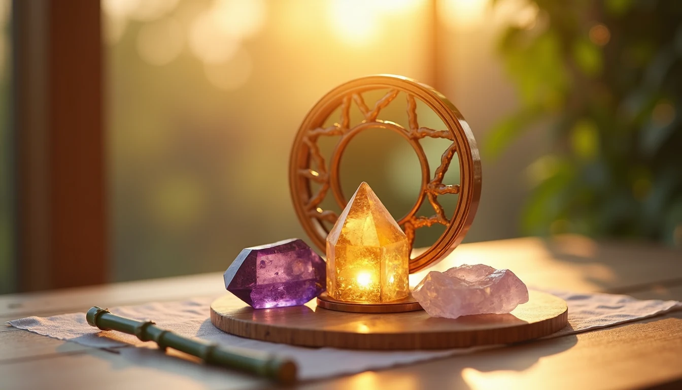 Feng shui bagua mirror and crystal arrangement for positive energy