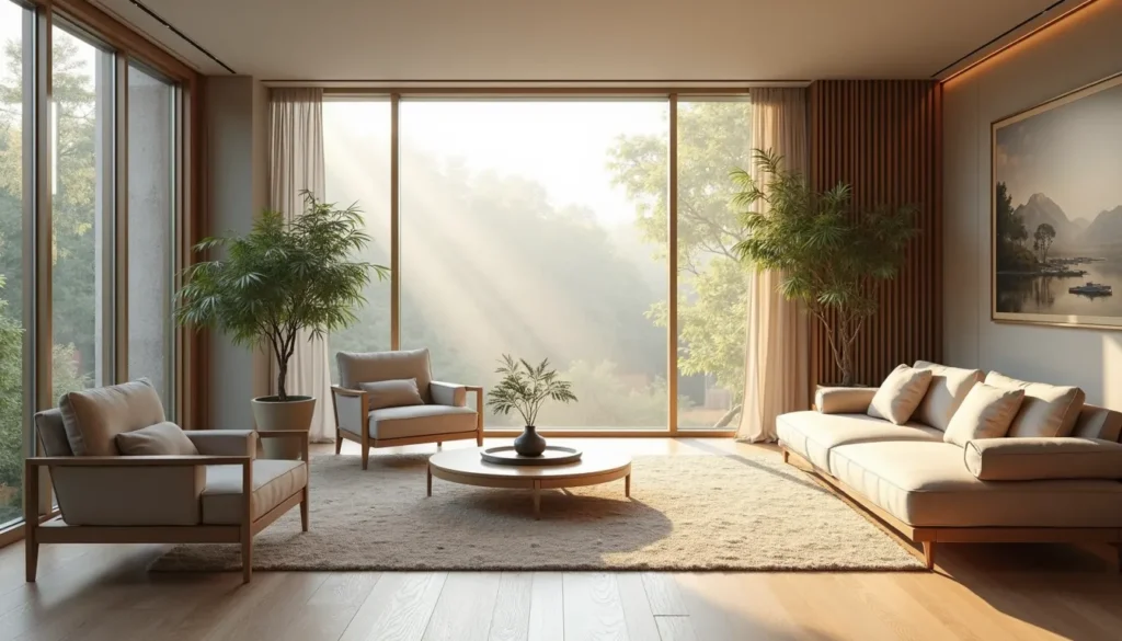 Feng shui living room arrangement with natural light and positive energy flow