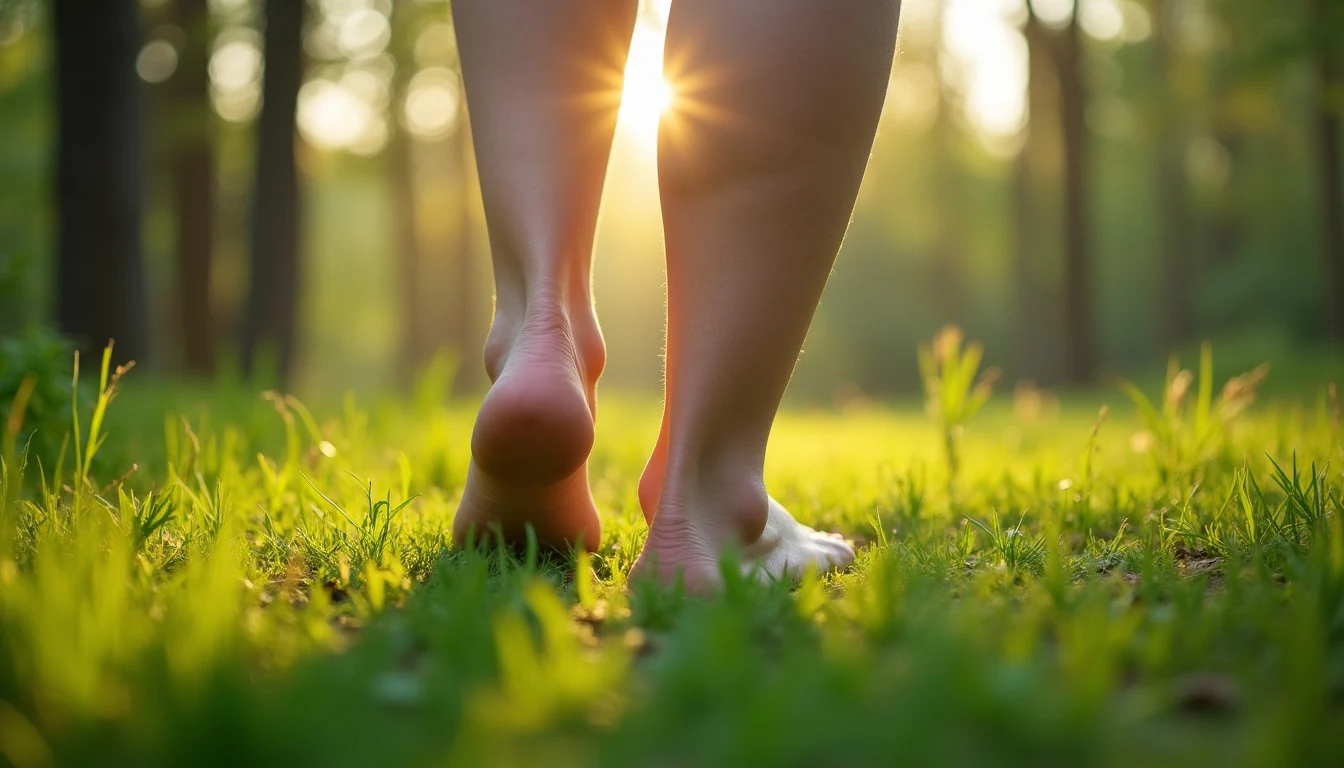 Person standing barefoot on grass in a peaceful forest practicing grounding techniques for anxiety relief