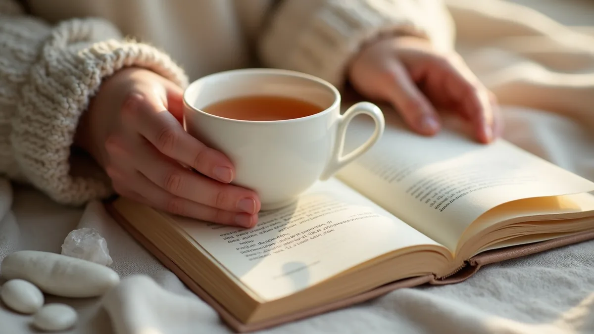 Hands holding a warm cup beside a journal and crystals during a grounding boundary ritual