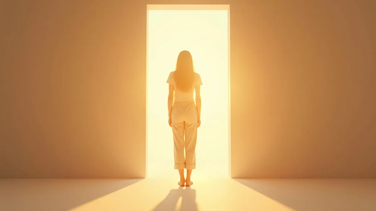 A peaceful person standing near a doorway with open space, representing saying no with kindness
