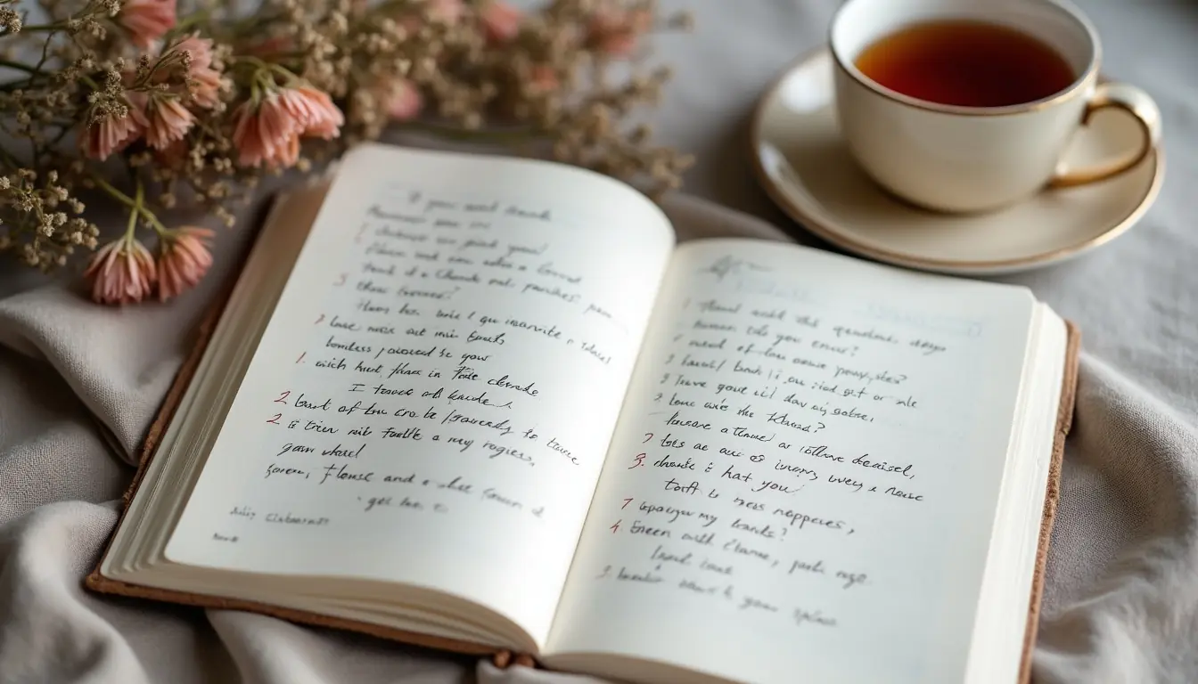 Open journal with gratitude prompts and self-reflection questions surrounded by dried flowers