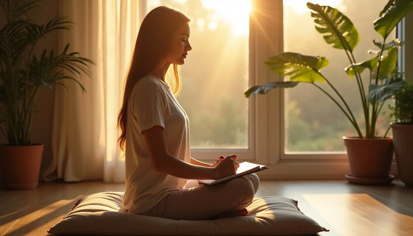 Person sitting peacefully with journal and pen during golden hour in a spiritual wellness space
