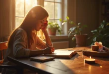 Woman writing in a leather journal at a sunlit desk for self-discovery and healing