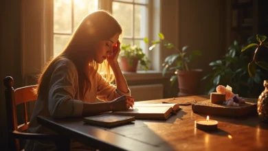 Woman writing in a leather journal at a sunlit desk for self-discovery and healing