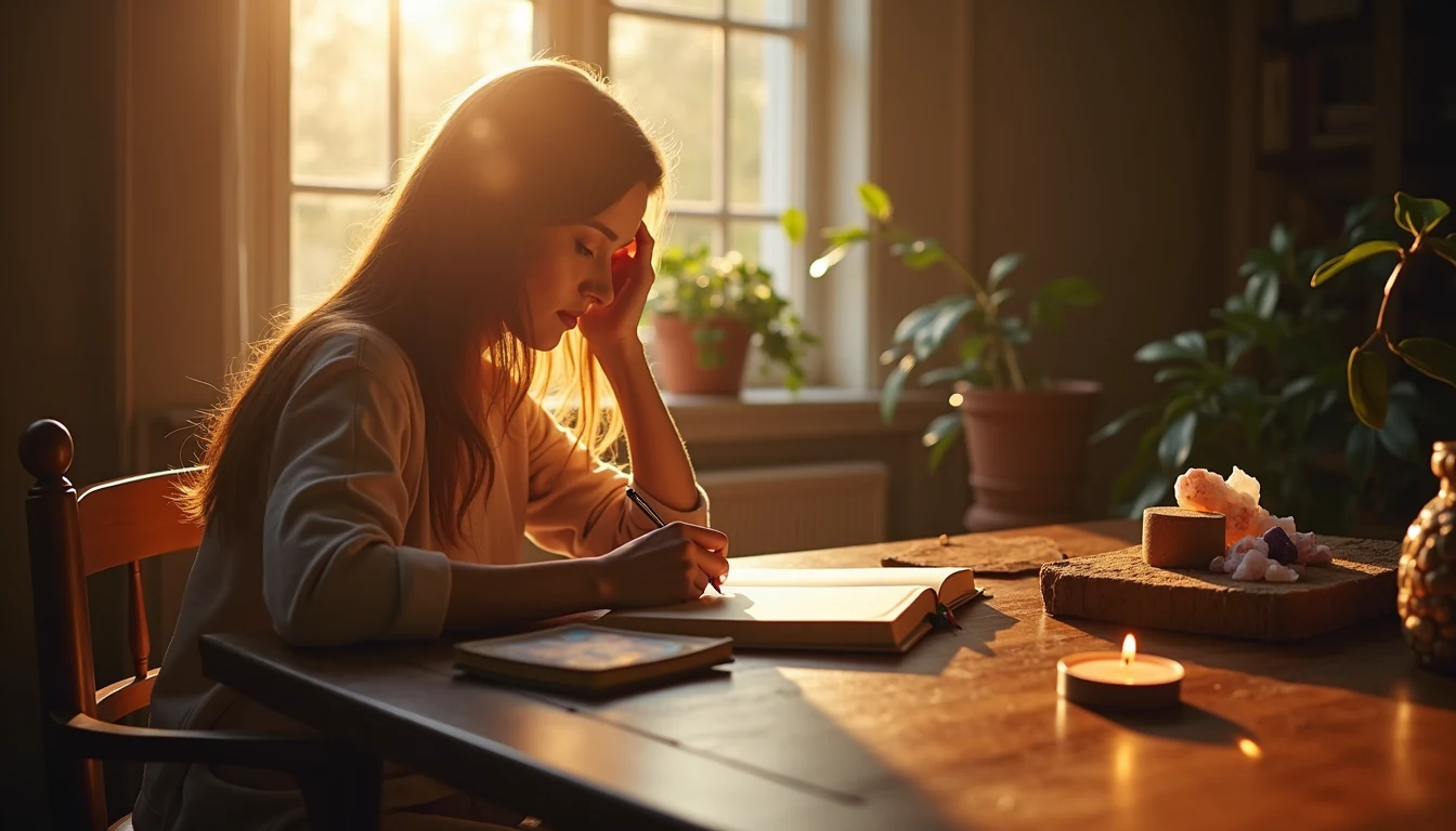 Woman writing in a leather journal at a sunlit desk for self-discovery and healing