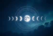Moon phases and their spiritual meanings illustrated with glowing lunar cycle