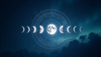 Moon phases and their spiritual meanings illustrated with glowing lunar cycle
