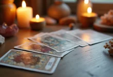 Beautiful oracle cards spread on a wooden table with candlelight and crystals
