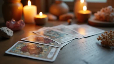 Beautiful oracle cards spread on a wooden table with candlelight and crystals