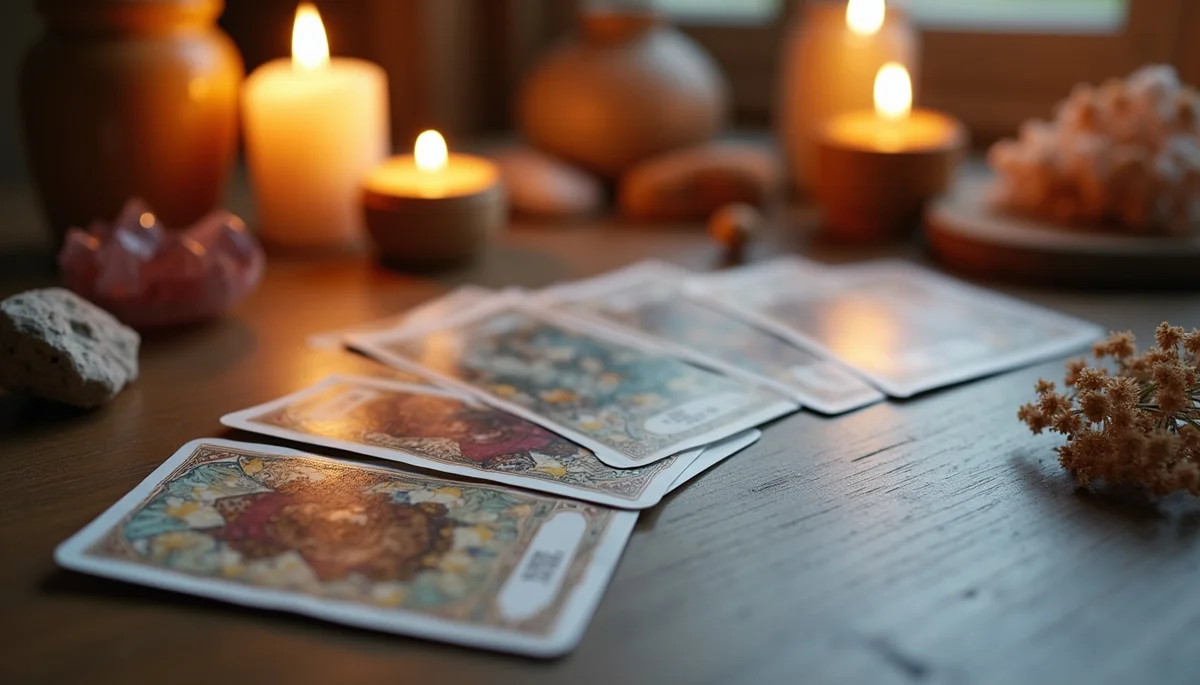 Beautiful oracle cards spread on a wooden table with candlelight and crystals