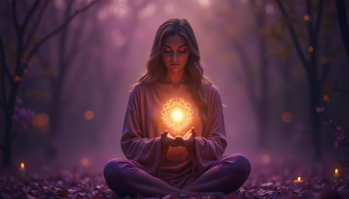 Mystical woman meditating with oracle card and glowing spiritual light