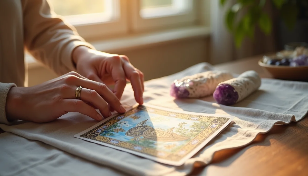 Person pulling an oracle card from a deck on linen cloth with sage and amethyst