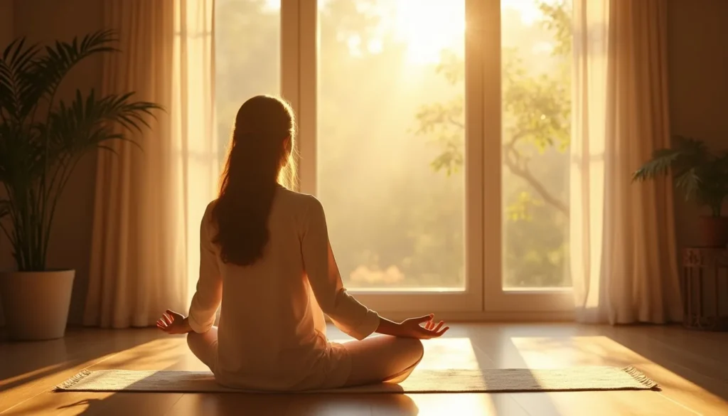 Person in peaceful shadow work meditation with golden sunlight