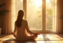 Person in peaceful shadow work meditation with golden sunlight