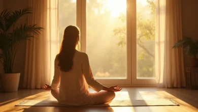 Person in peaceful shadow work meditation with golden sunlight