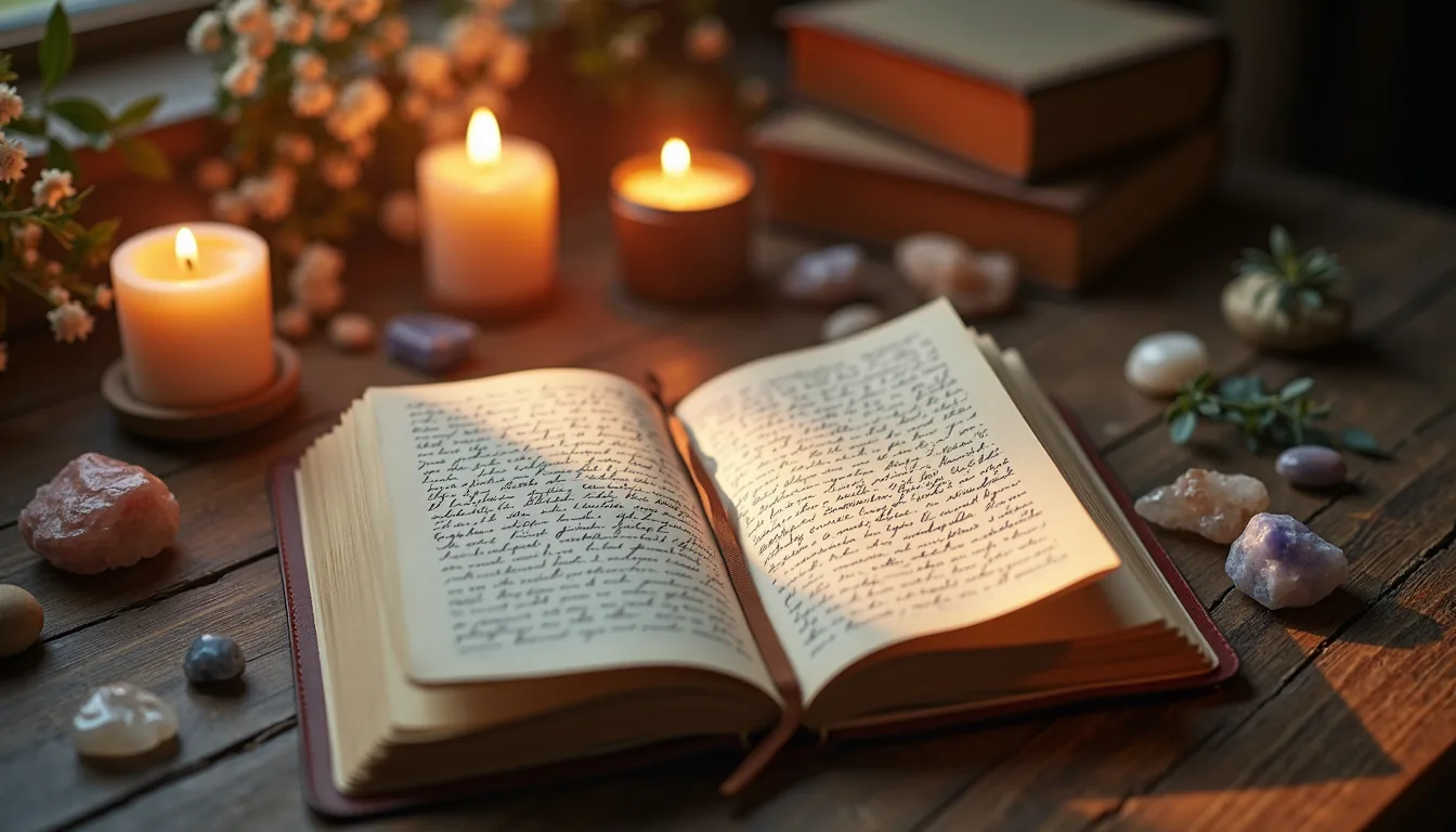 Journaling for shadow work with crystals and candles on a wooden table