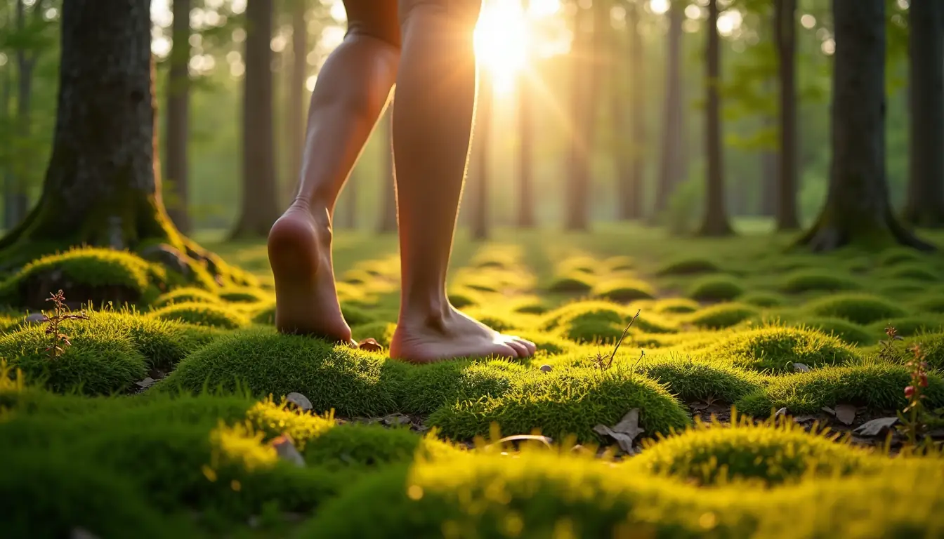 Person walking barefoot in a peaceful forest for grounding and healing