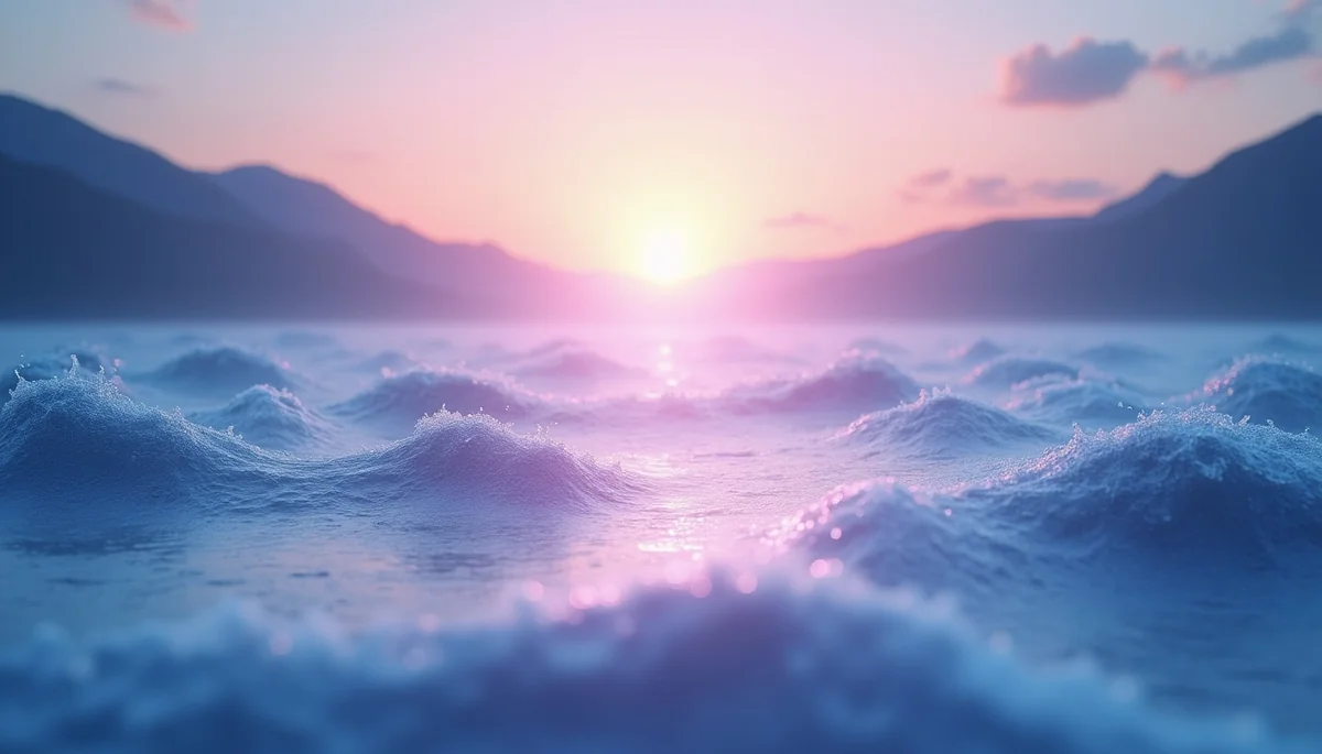 Healing sound frequency waves flowing through a peaceful natural landscape at sunrise representing vibrational energy
