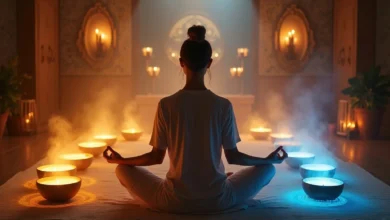 Person meditating in a serene healing space surrounded by glowing sound waves and singing bowls