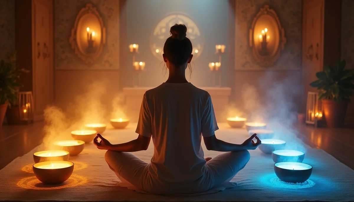 Person meditating in a serene healing space surrounded by glowing sound waves and singing bowls
