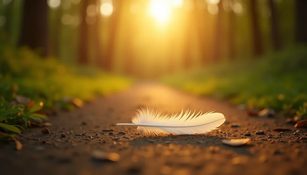 White feather on a peaceful forest path symbolizing spiritual meaning of feathers