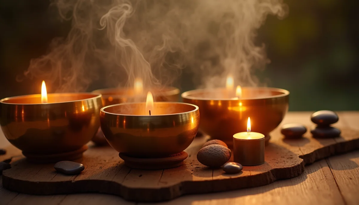 Tibetan singing bowls arranged on a meditation altar with warm candlelight for sound healing practice