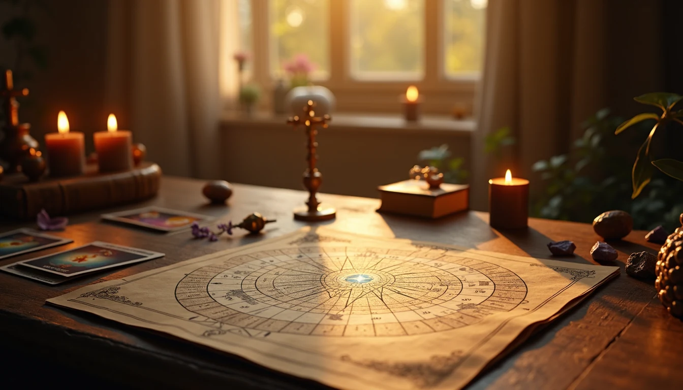 Elegant vintage astrology desk with open star map, scattered tarot cards, crystals and candles in warm golden light