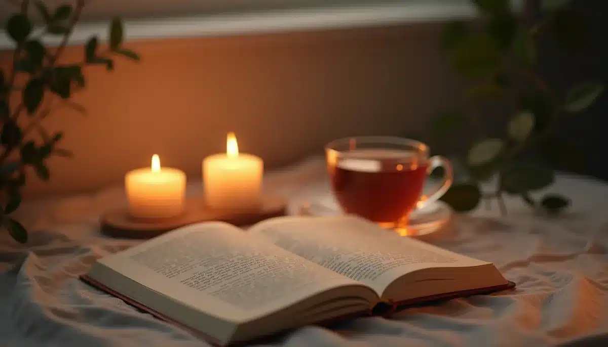 Evening candle meditation ritual with journal and warm calming light