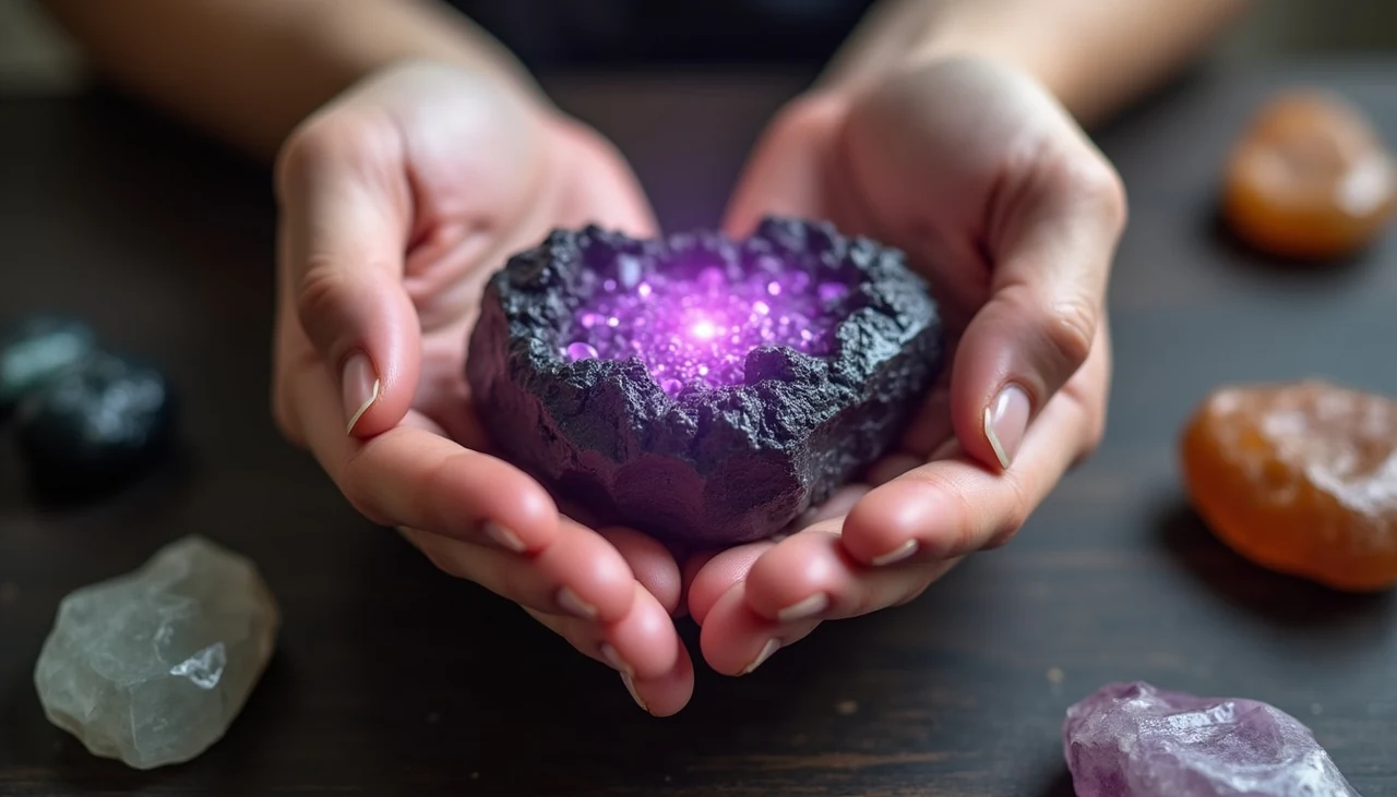 Hands holding black tourmaline crystal with purple healing energy for spiritual protection