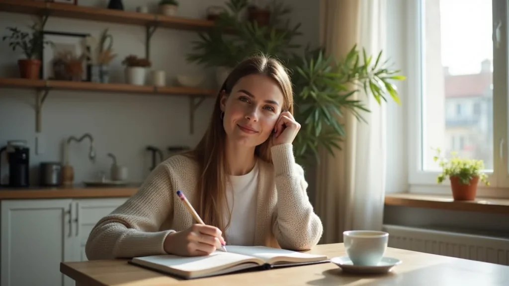 A calm woman in a modern Istanbul apartment doing a Sunday reset ritual with tea, journal, and soft morning light