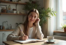 A calm woman in a modern Istanbul apartment doing a Sunday reset ritual with tea, journal, and soft morning light