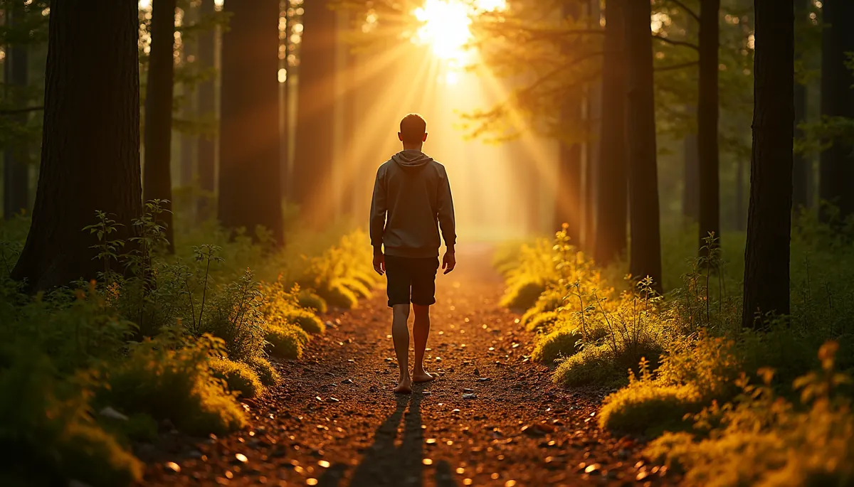 Grounding Walking Barefoot in Nature for Intuition Person walking barefoot on a forest path at golden hour, grounding in nature to awaken intuitive awareness