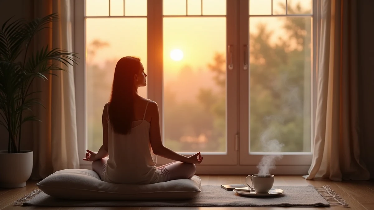 Holistic Breathing Morning Breathwork Ritual Peaceful morning breathwork ritual by a window with sunrise incense and meditation cushion for daily practice