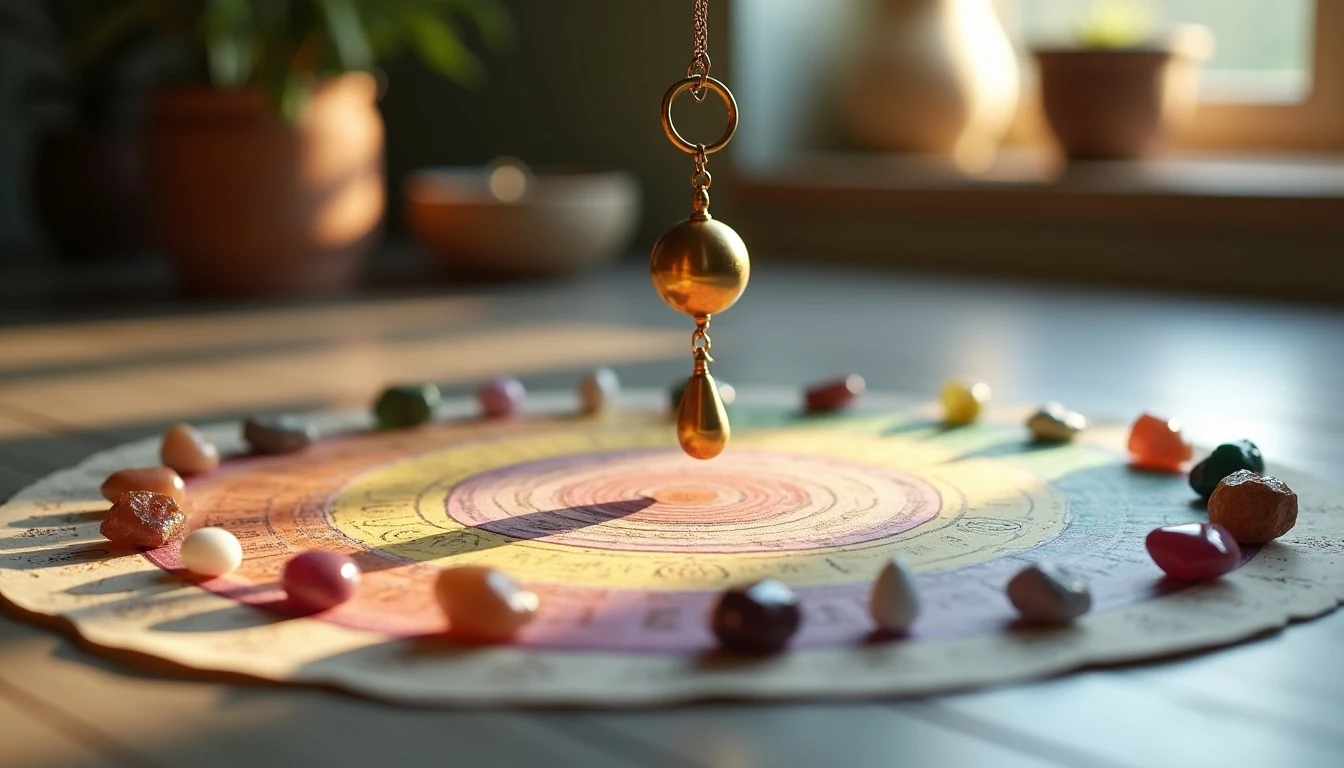 Pendulum Over Chakra Energy Map Brass pendulum dangling above a chakra energy map with crystals arranged in a circle