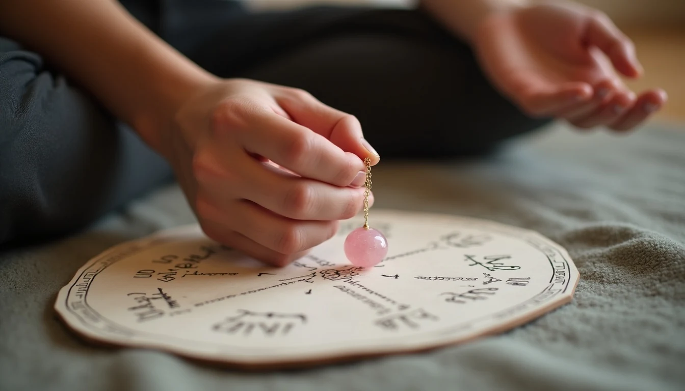 Pendulum Over Dowsing Board Person holding a rose quartz pendulum over a printed dowsing board with yes no answers