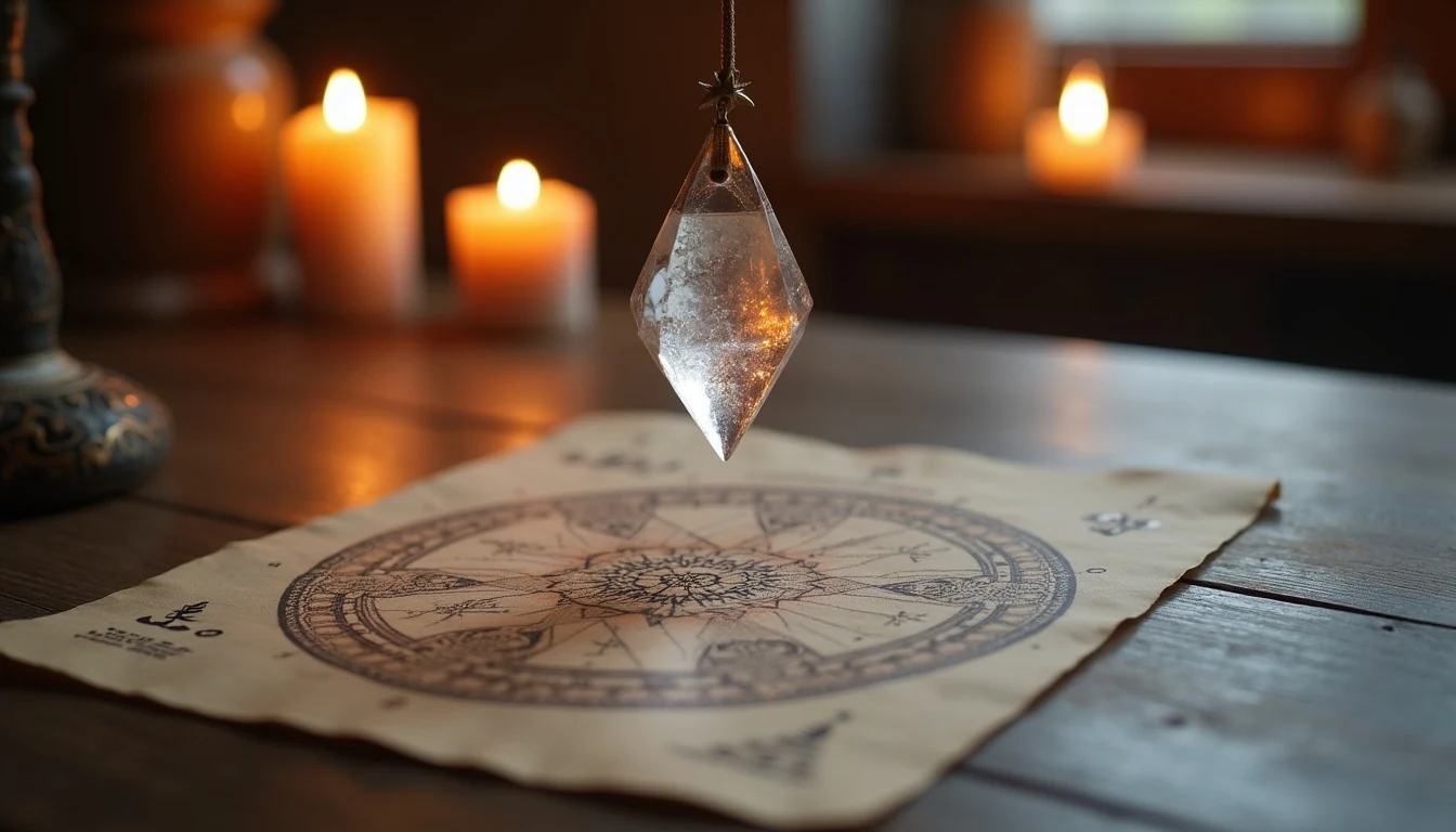 Crystal pendulum swinging over a sacred geometry divination chart on a wooden table