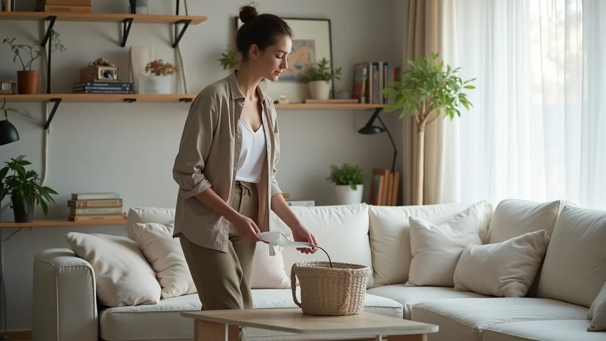 A stylish person gently decluttering a bright living room during a Sunday reset routine