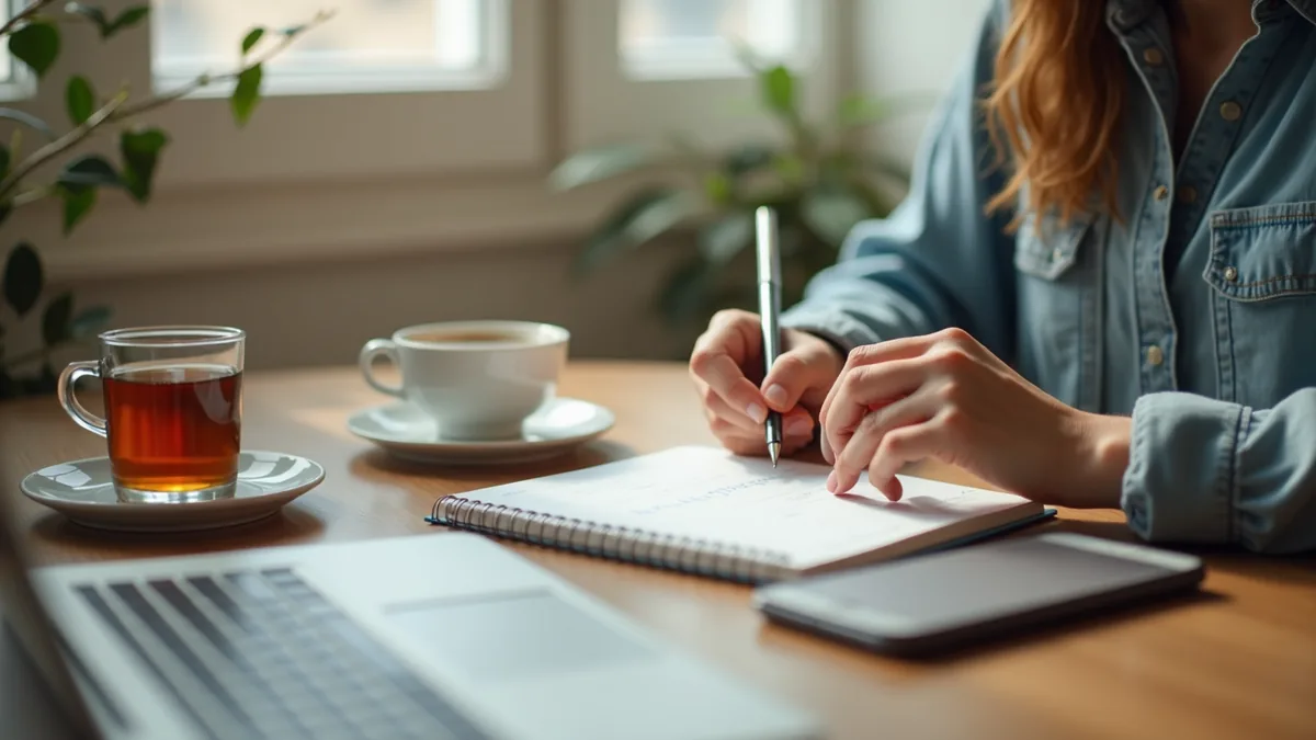 A person planning the week in a notebook beside tea and a phone in a bright city apartment
