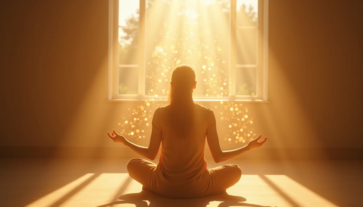 Person in meditation releasing glowing threads of light representing emotional detachment and inner freedom