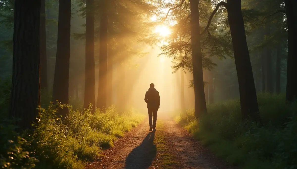Person walking forward on a peaceful forest path leaving behind a fading silhouette, representing moving on from emotional attachment