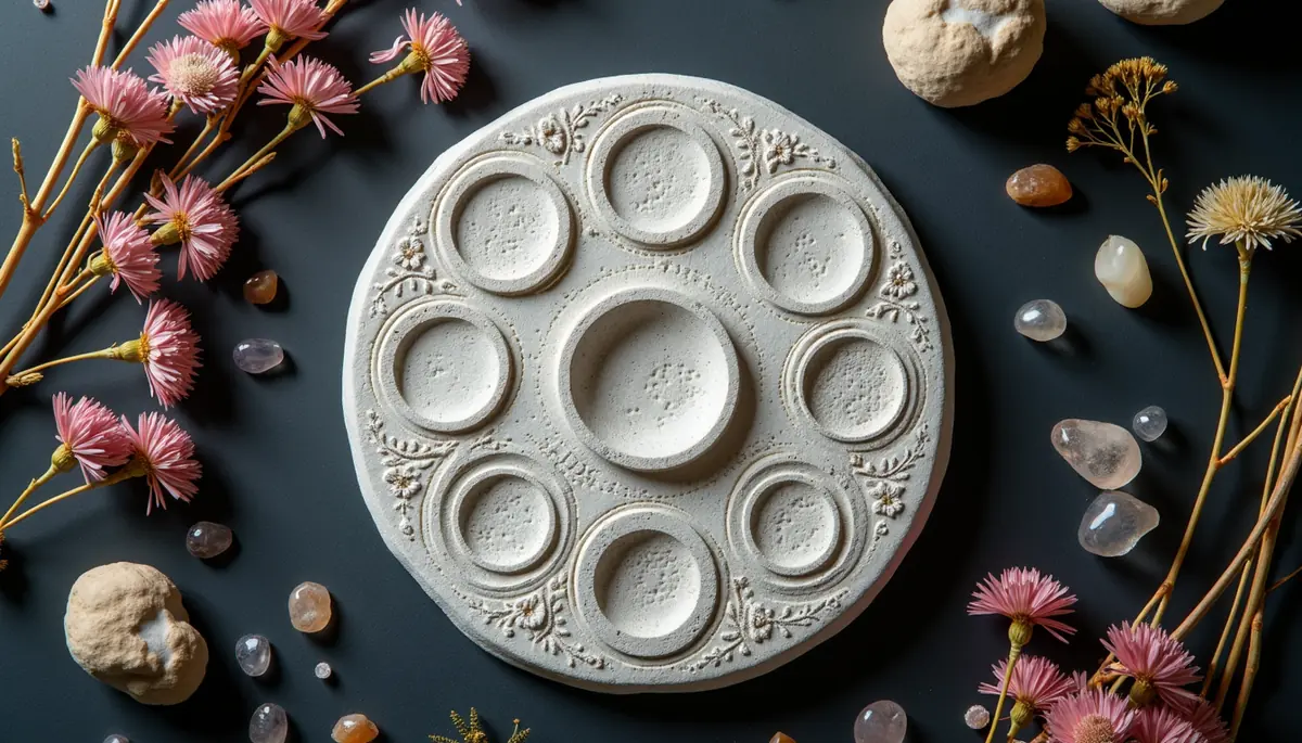 Lunar cycle wheel showing all eight moon phases carved in white stone with dried flowers and crystals