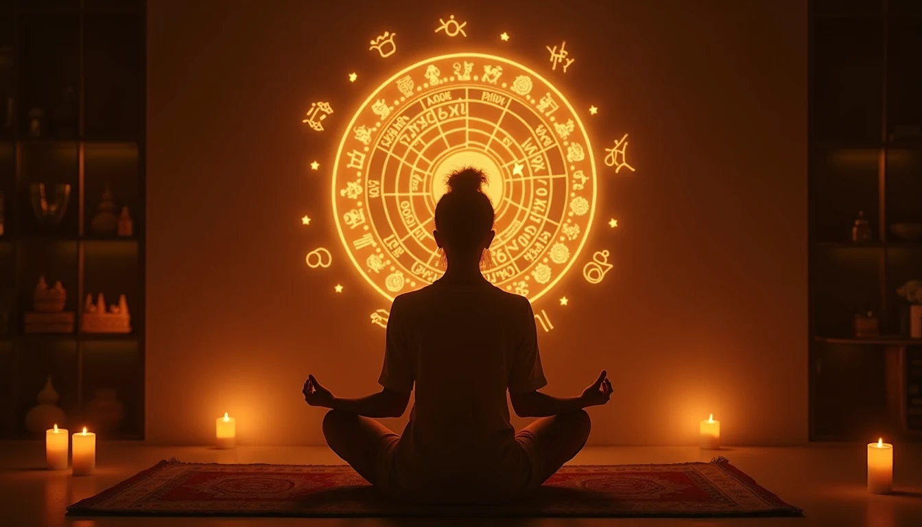 Person meditating in front of a glowing astrological birth chart on the wall in a spiritual sanctuary