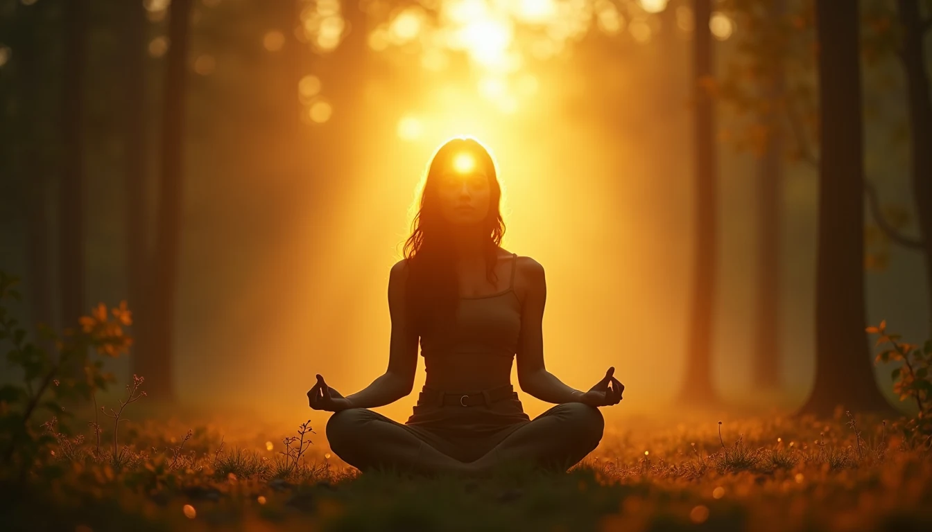 Meditation Divine Connection Person meditating in nature with golden divine light surrounding their silhouette for spiritual awakening