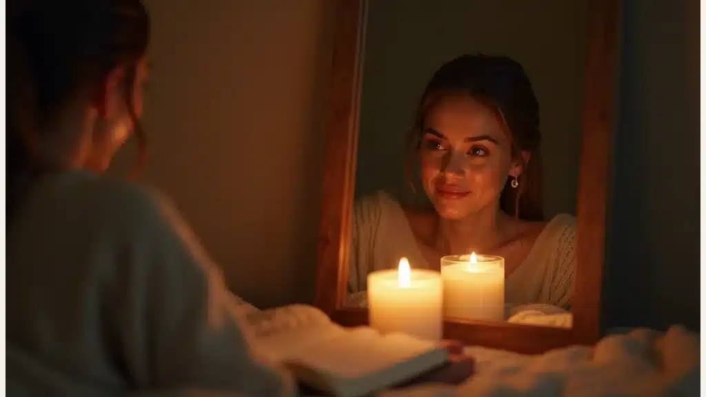 Evening Mirror Work Ritual A peaceful evening mirror work ritual with journal candle and self-love reflection