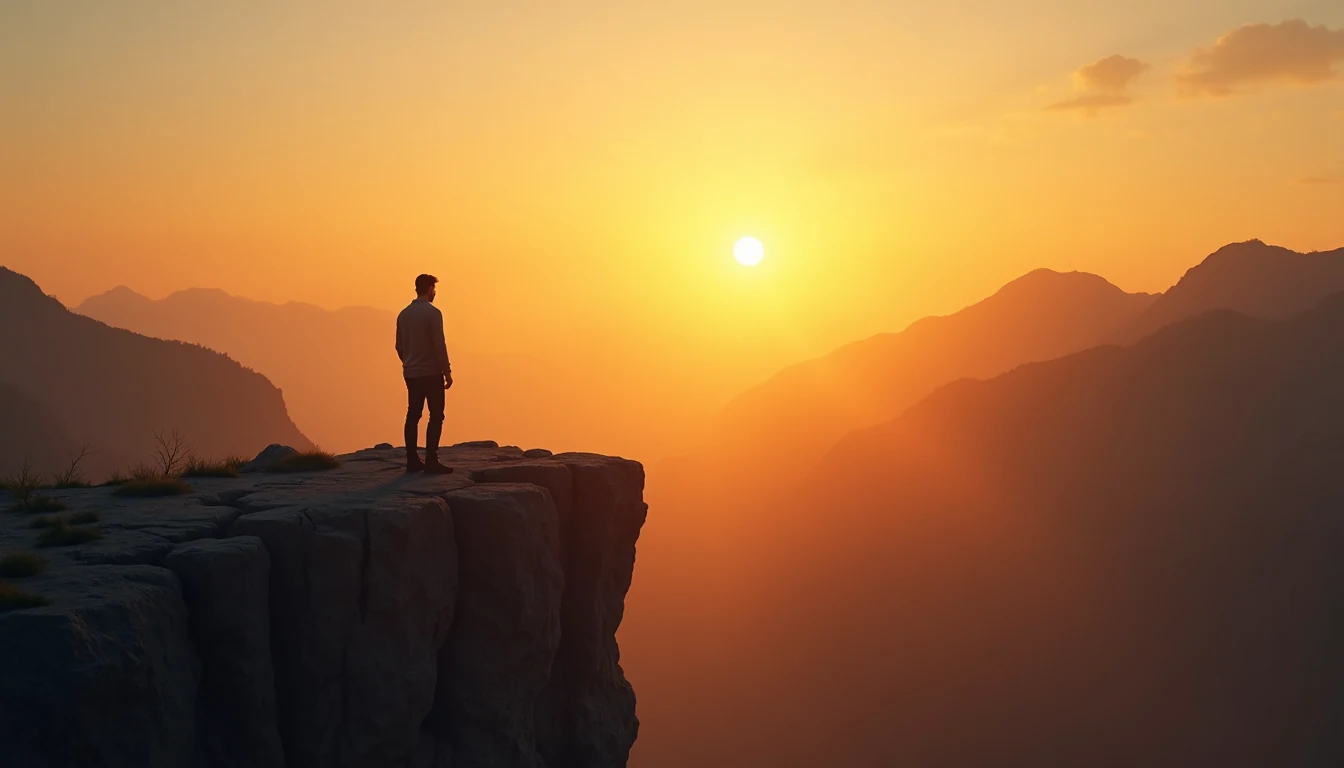 New Beginnings Sunrise Person standing at cliff edge watching golden sunrise over mountains symbolizing new beginnings and transformation